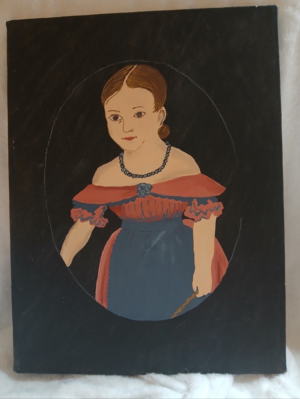 Vintage Original Painting Portrait of Young Girl in Red and Blue Dress Folk Art